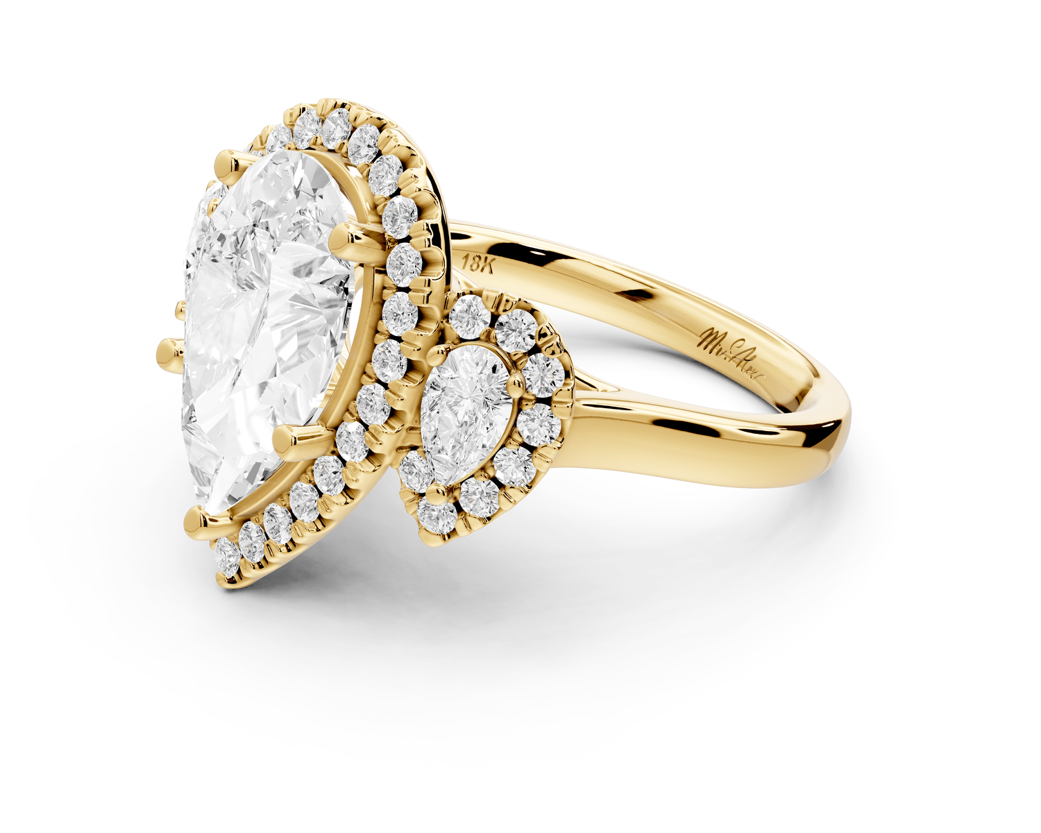Iris - 3ct 18k yellow gold Three stone pear Halo engagement ring - Mr. Alex Jewelry