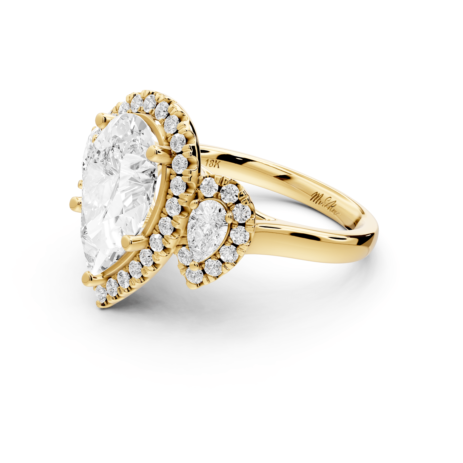 Iris - 3ct 18k yellow gold Three stone pear Halo engagement ring - Mr. Alex Jewelry
