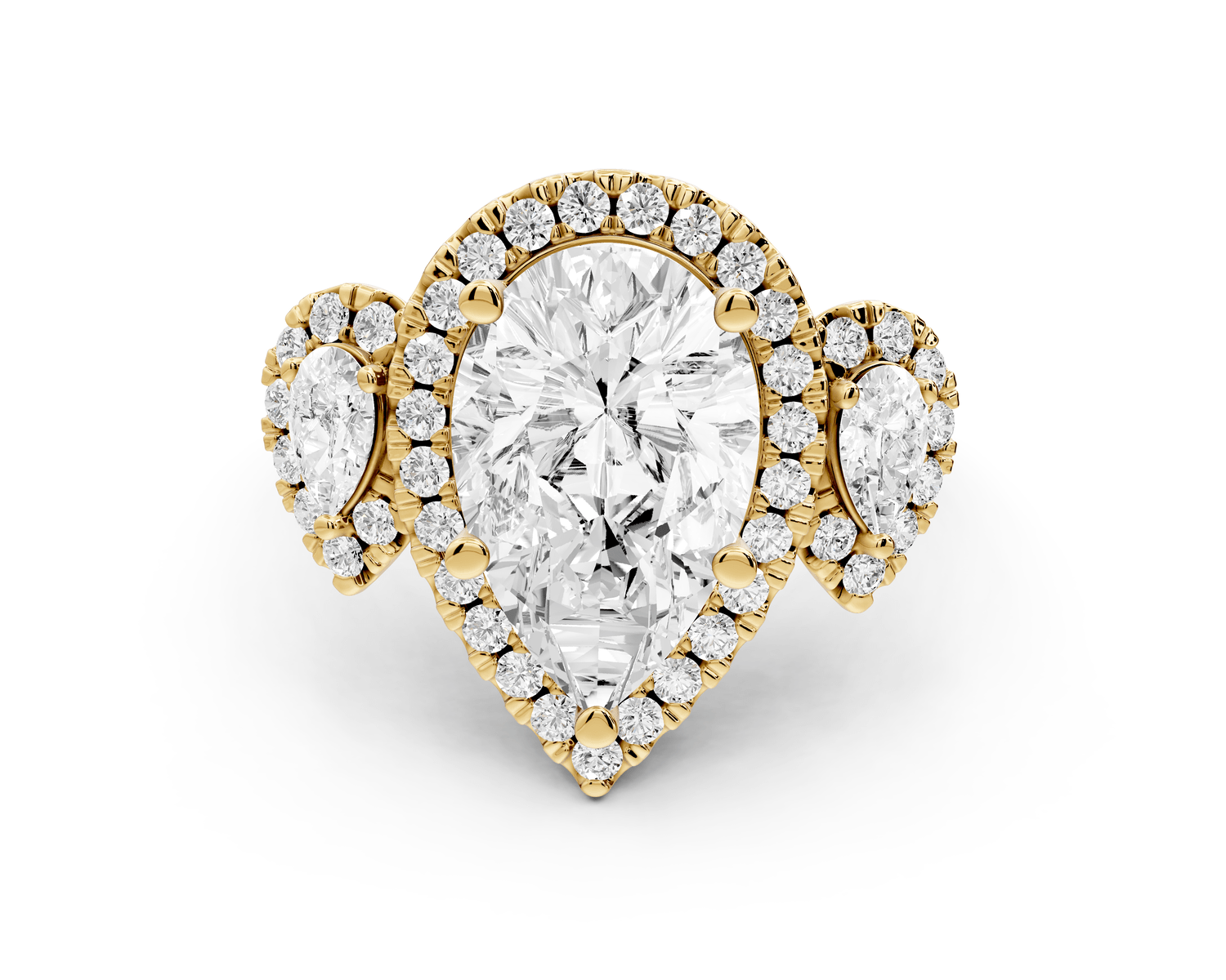 Iris - 3ct 18k yellow gold Three stone pear Halo engagement ring - Mr. Alex Jewelry