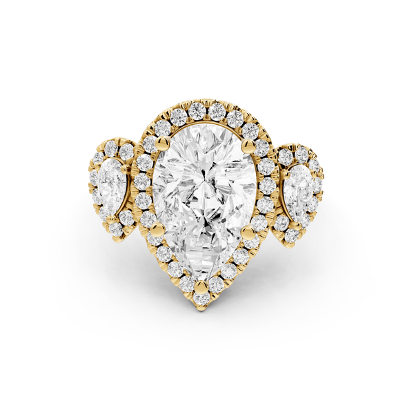 Iris - 3ct 18k yellow gold Three stone pear Halo engagement ring - Mr. Alex Jewelry