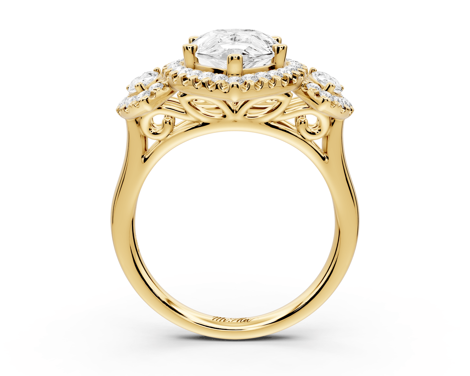 Iris - 3ct 18k yellow gold Three stone pear Halo engagement ring - Mr. Alex Jewelry