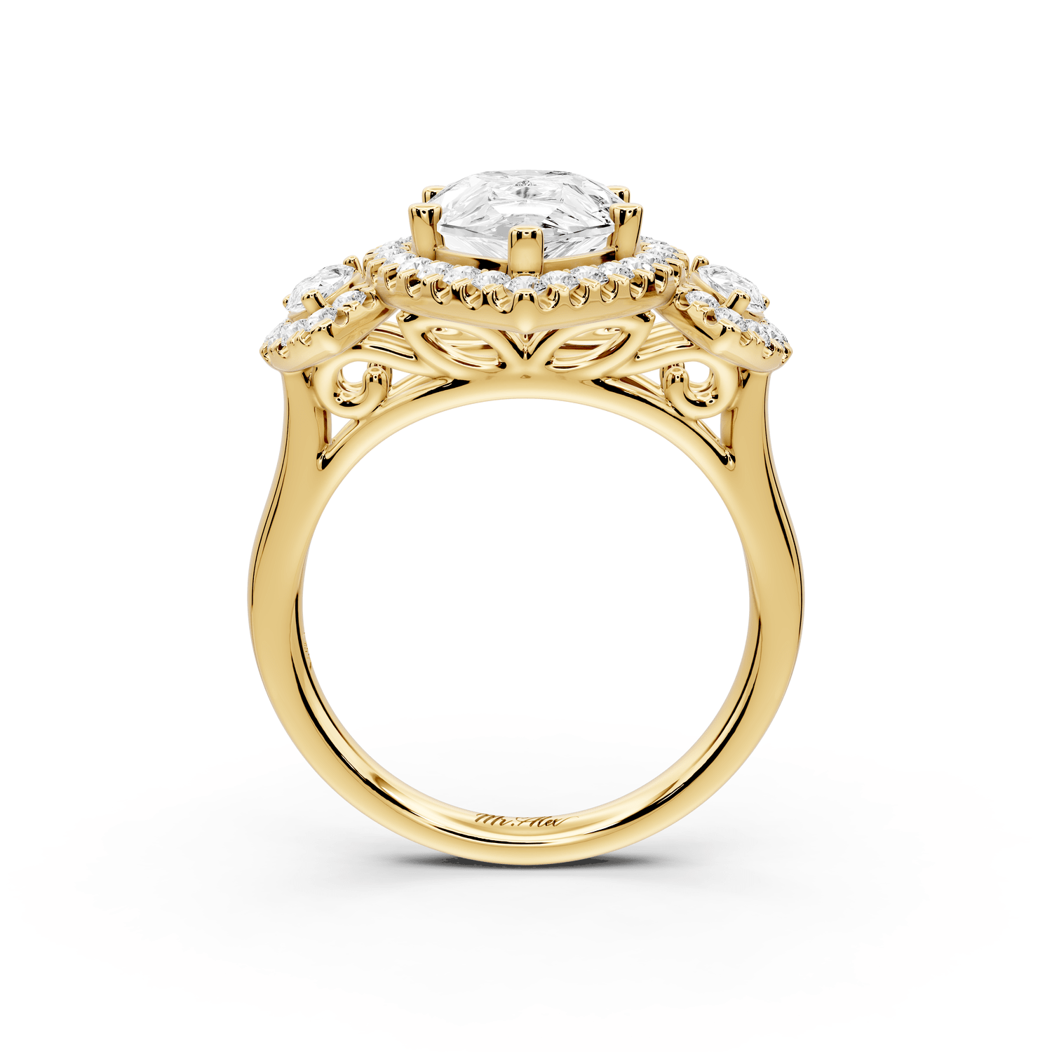 Iris - 3ct 18k yellow gold Three stone pear Halo engagement ring - Mr. Alex Jewelry