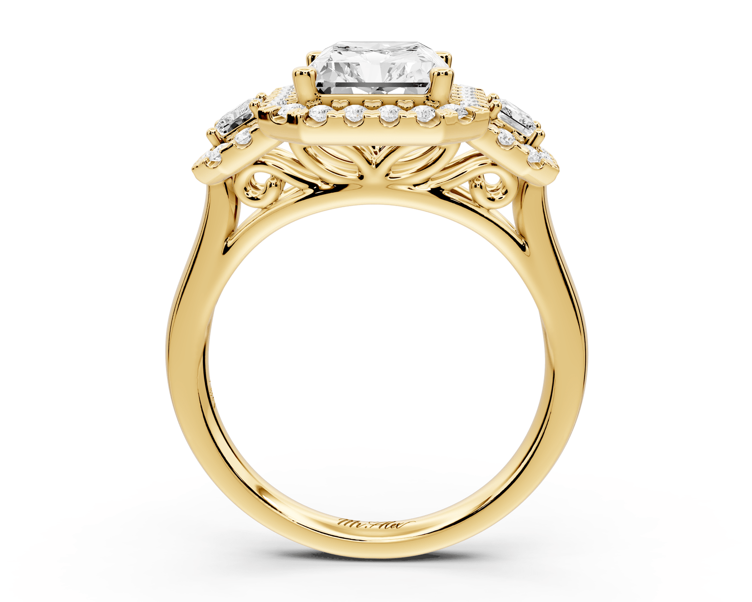 Iris - 3ct 18k yellow gold Three stone radiant Halo engagement ring - Mr. Alex Jewelry