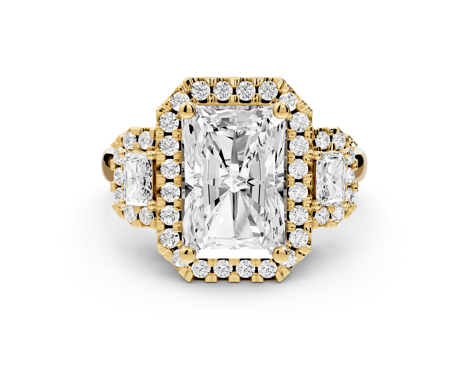 Iris - 3ct 18k yellow gold Three stone radiant Halo engagement ring - Mr. Alex Jewelry