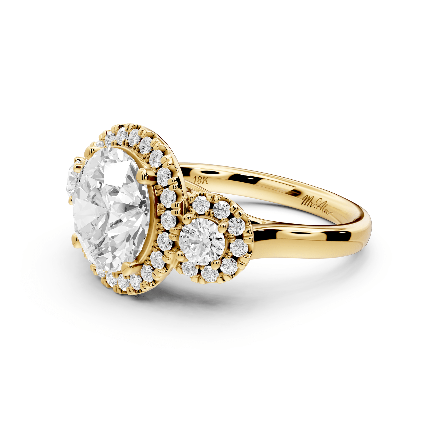 Iris - 3ct 18k yellow gold Three stone round Halo engagement ring - Mr. Alex Jewelry