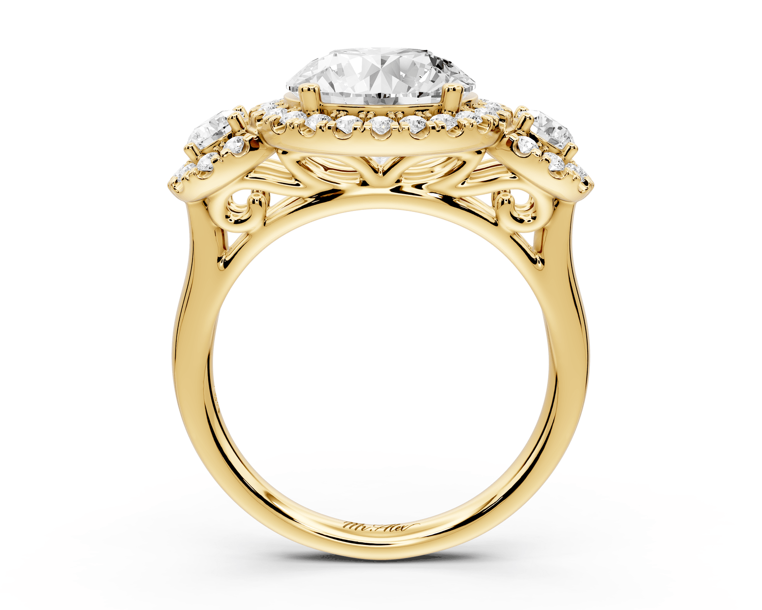 Iris - 3ct 18k yellow gold Three stone round Halo engagement ring - Mr. Alex Jewelry