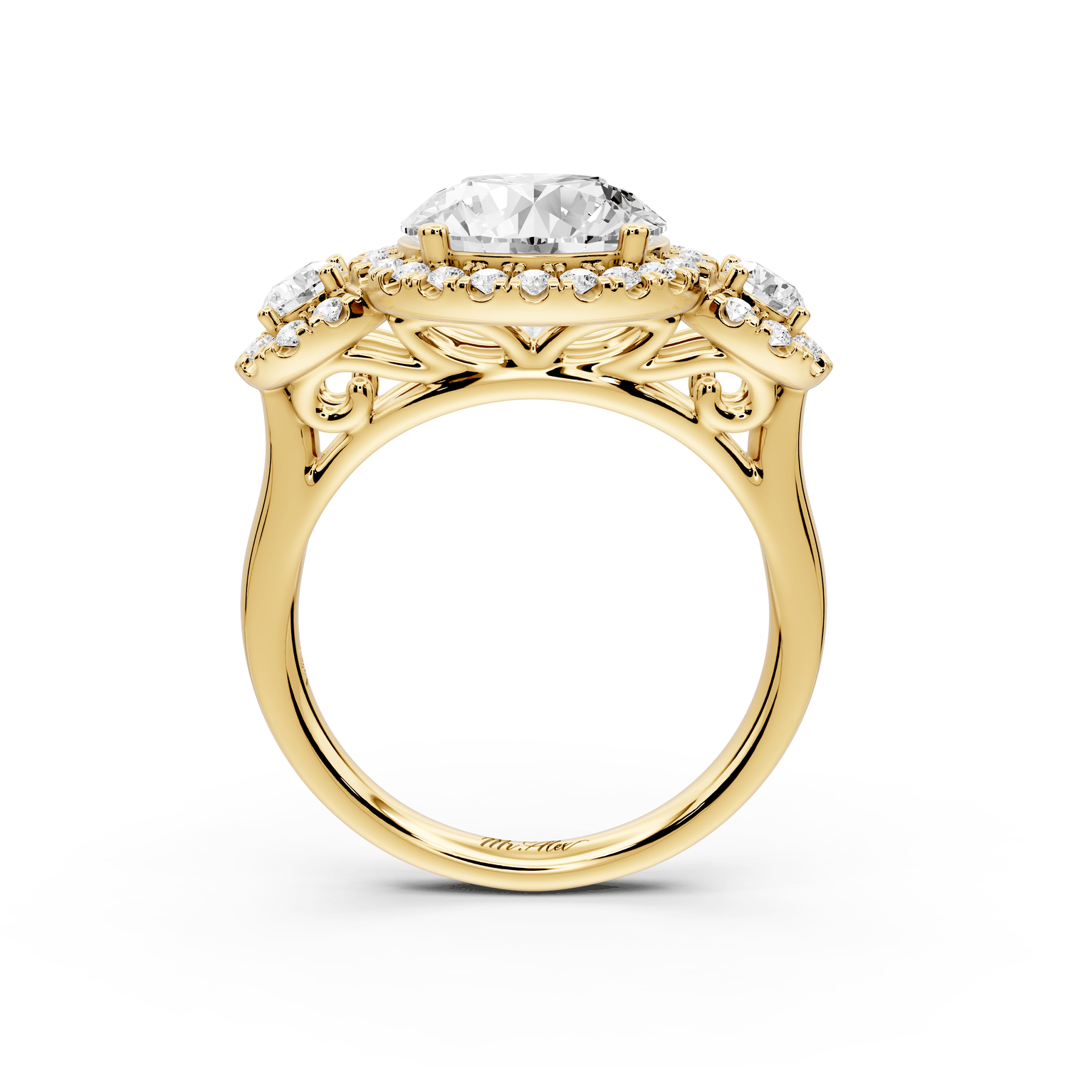 Iris - 3ct 18k yellow gold Three stone round Halo engagement ring - Mr. Alex Jewelry