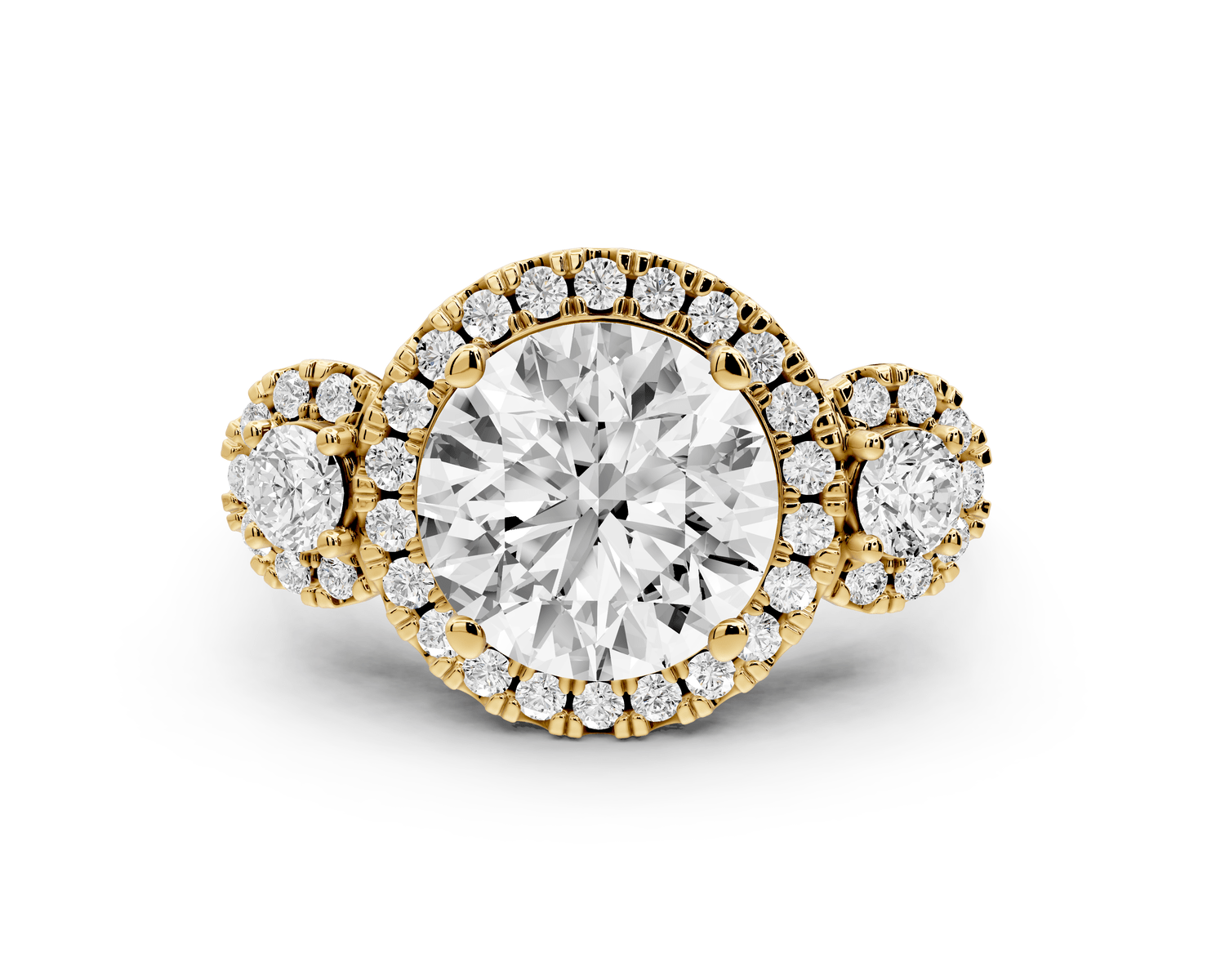 Iris - 3ct 18k yellow gold Three stone round Halo engagement ring - Mr. Alex Jewelry