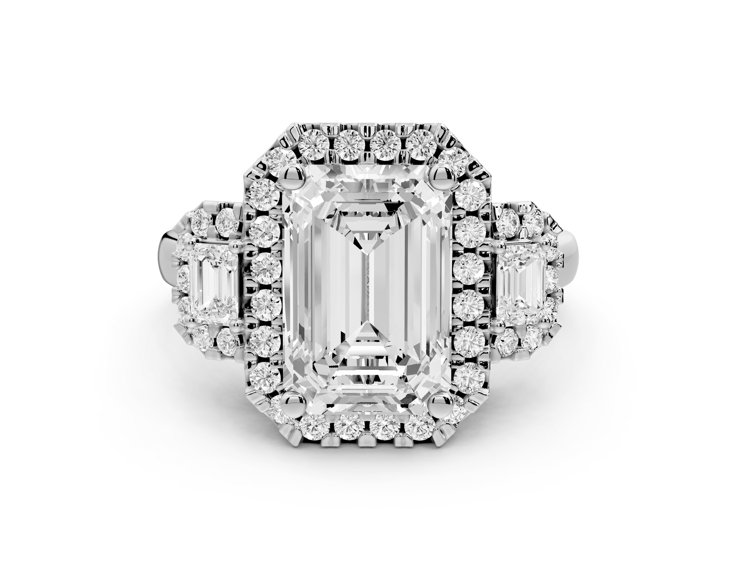 Iris - 3ct platinum Three stone emerald Halo engagement ring - Mr. Alex Jewelry
