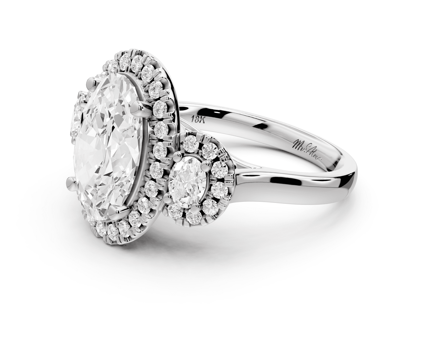 Iris - 3ct platinum Three stone oval Halo engagement ring - Mr. Alex Jewelry
