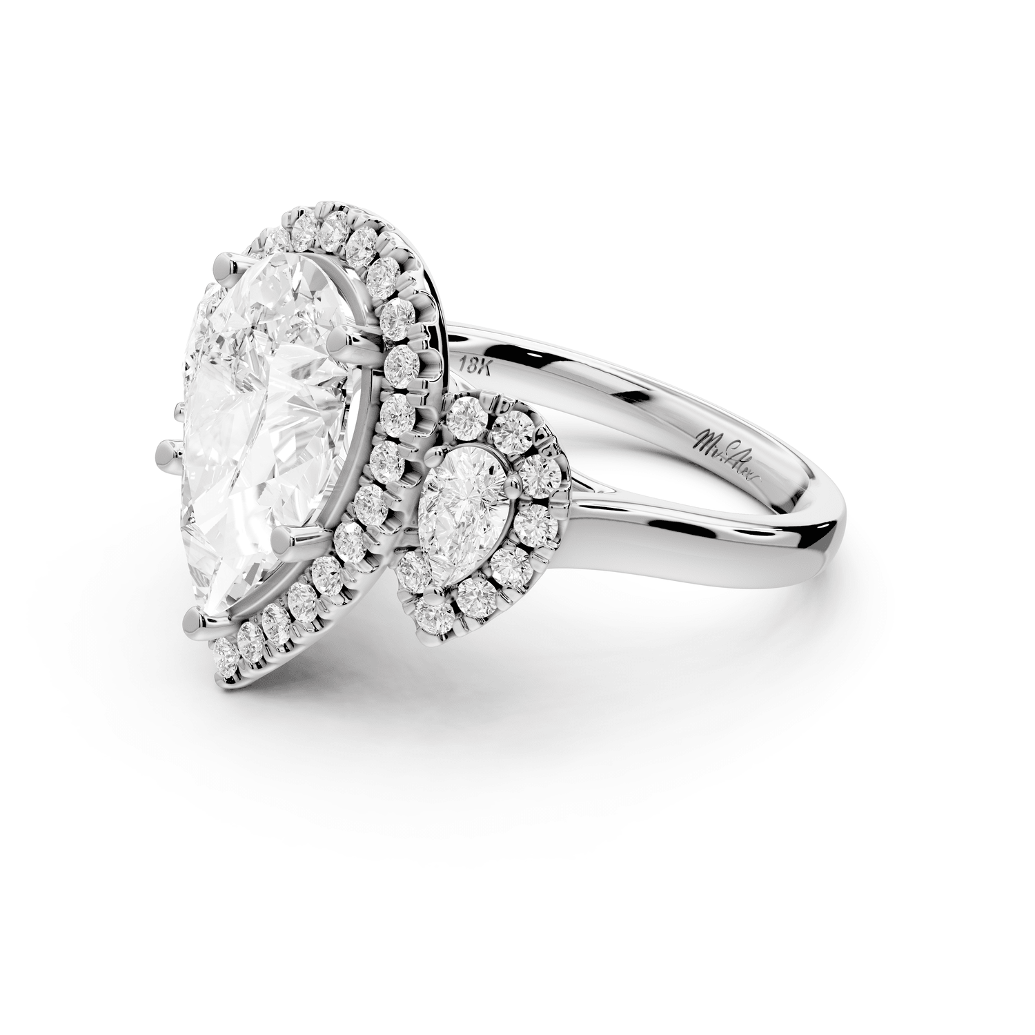 Iris - 3ct platinum Three stone pear Halo engagement ring - Mr. Alex Jewelry