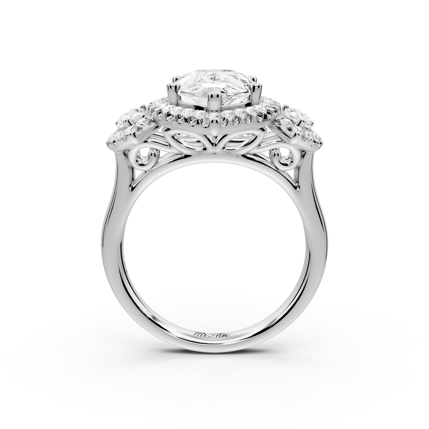 Iris - 3ct platinum Three stone pear Halo engagement ring - Mr. Alex Jewelry