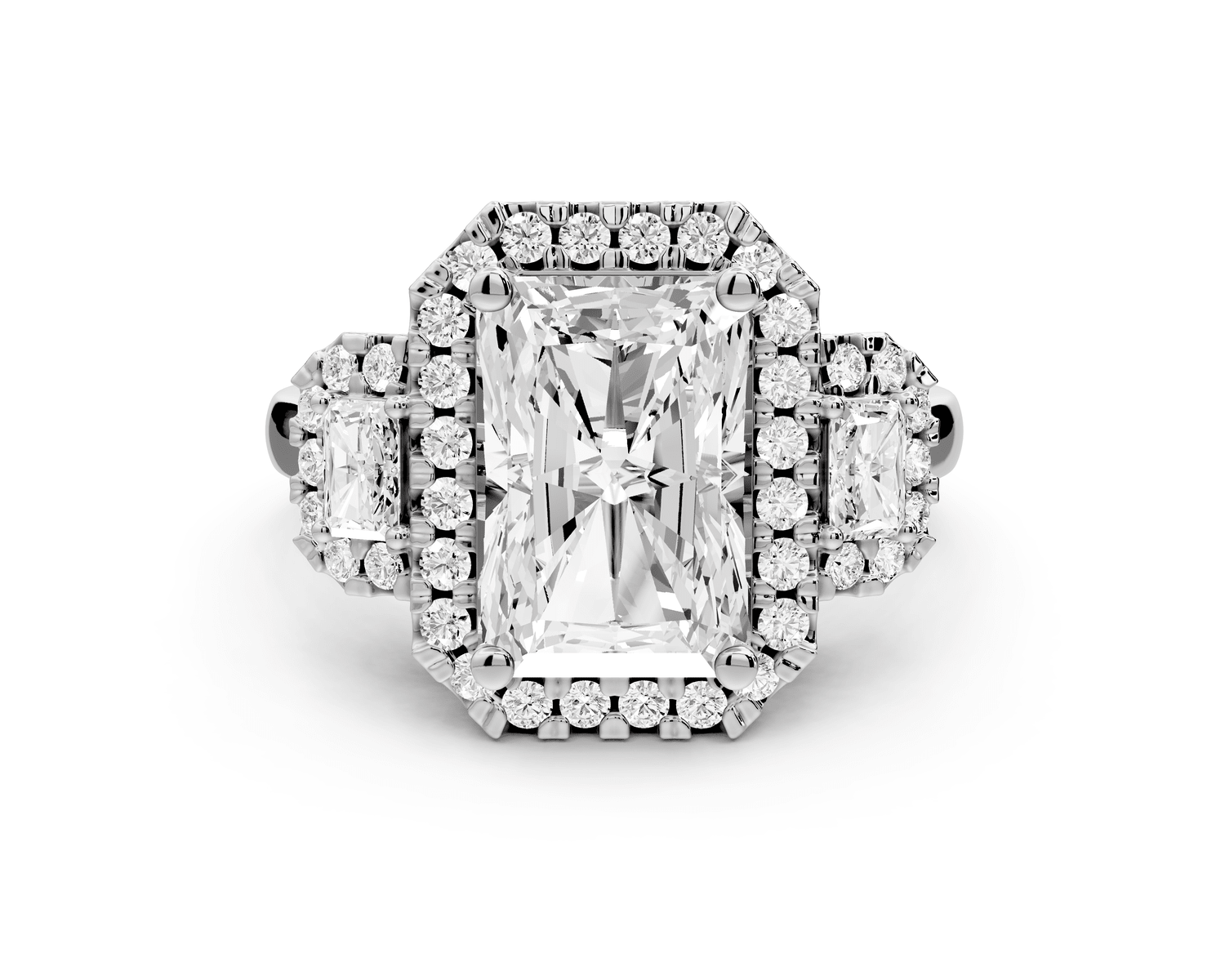 Iris - 3ct platinum Three stone radiant Halo engagement ring - Mr. Alex Jewelry