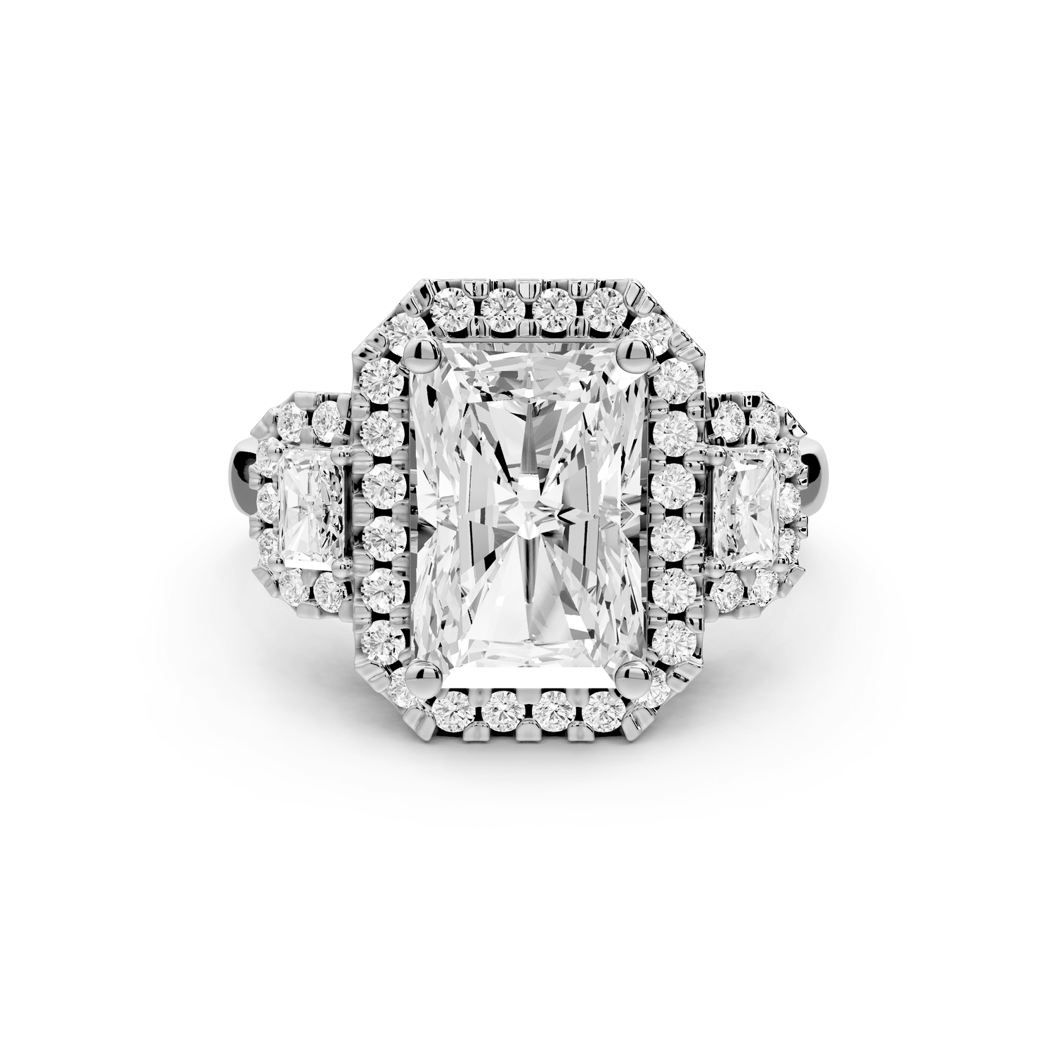 Iris - 3ct platinum Three stone radiant Halo engagement ring - Mr. Alex Jewelry