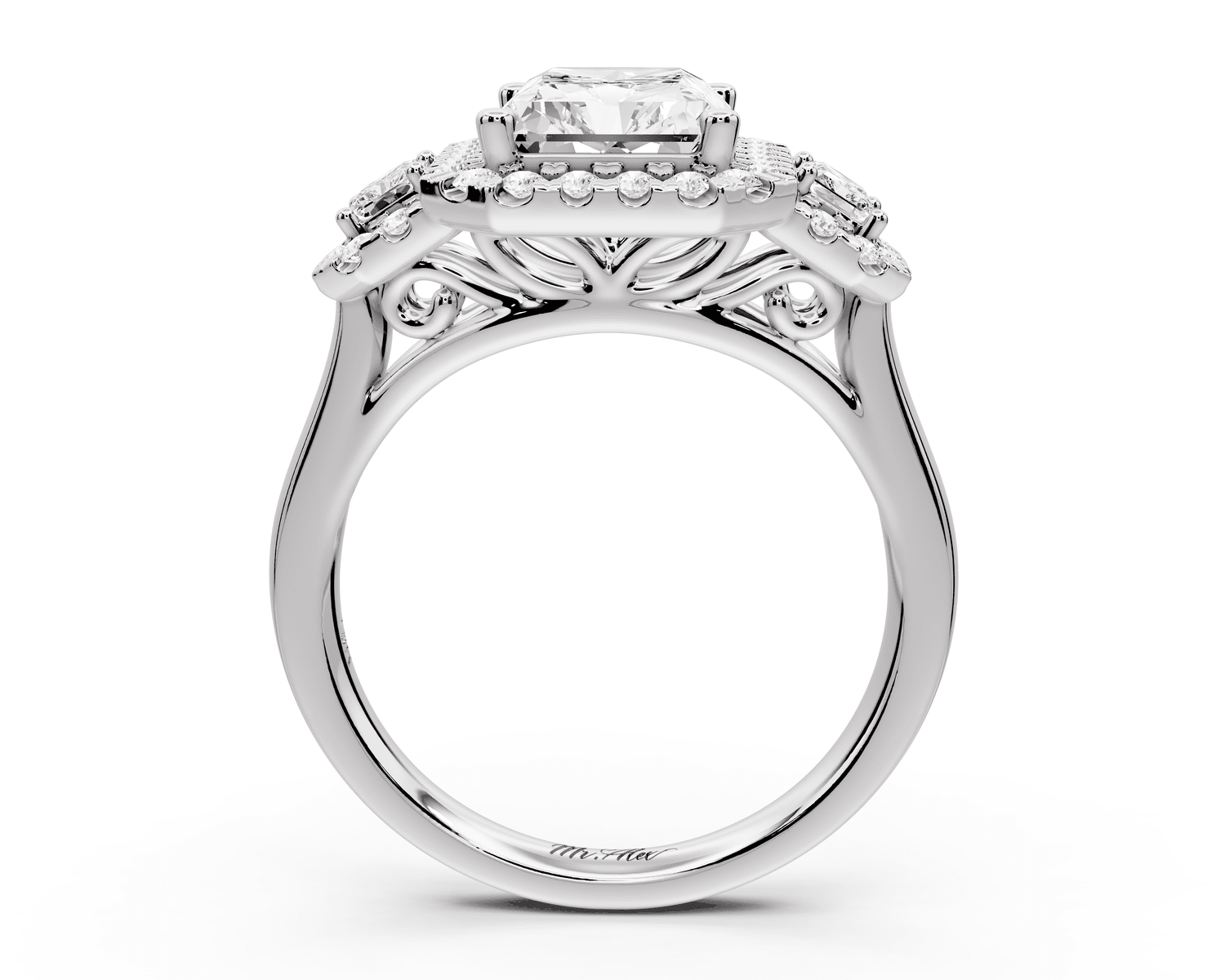 Iris - 3ct platinum Three stone radiant Halo engagement ring - Mr. Alex Jewelry