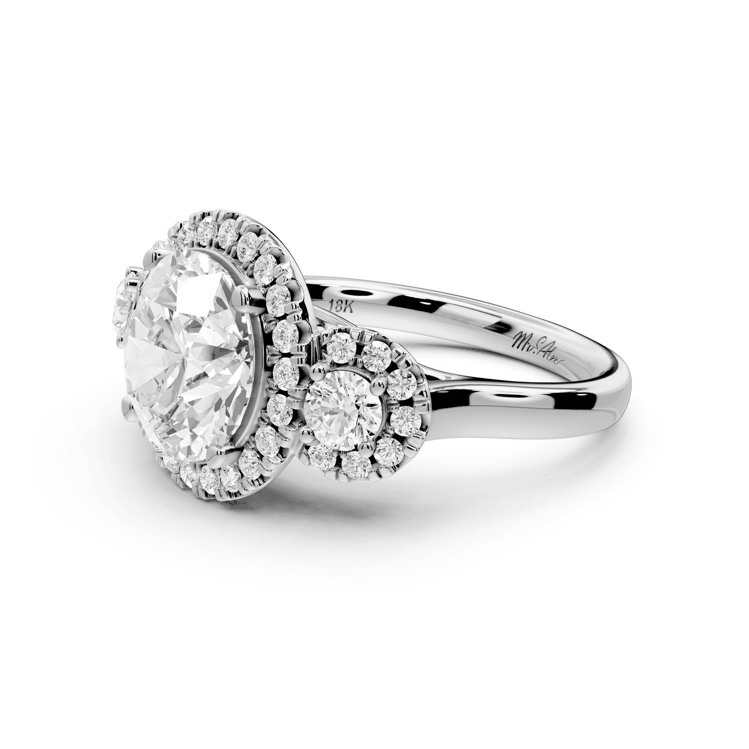 Iris - 3ct platinum Three stone round Halo engagement ring - Mr. Alex Jewelry