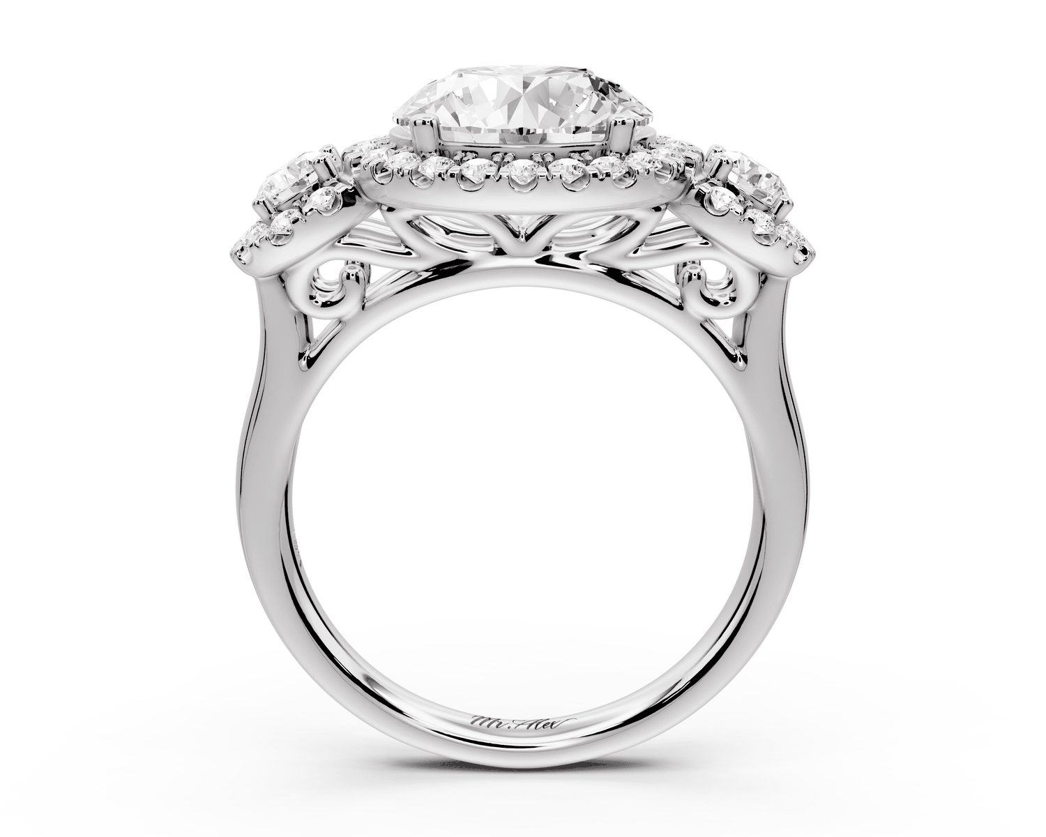 Iris - 3ct platinum Three stone round Halo engagement ring - Mr. Alex Jewelry