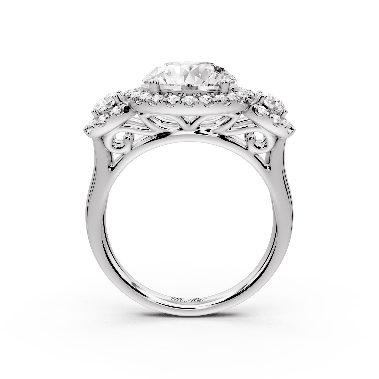 Iris - 3ct platinum Three stone round Halo engagement ring - Mr. Alex Jewelry