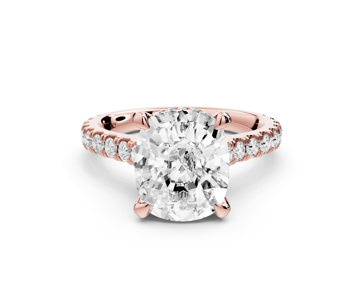 Iris - 4ct 14k rose gold Three stone Elongated Cushion Halo engagement ring - Mr. Alex Jewelry