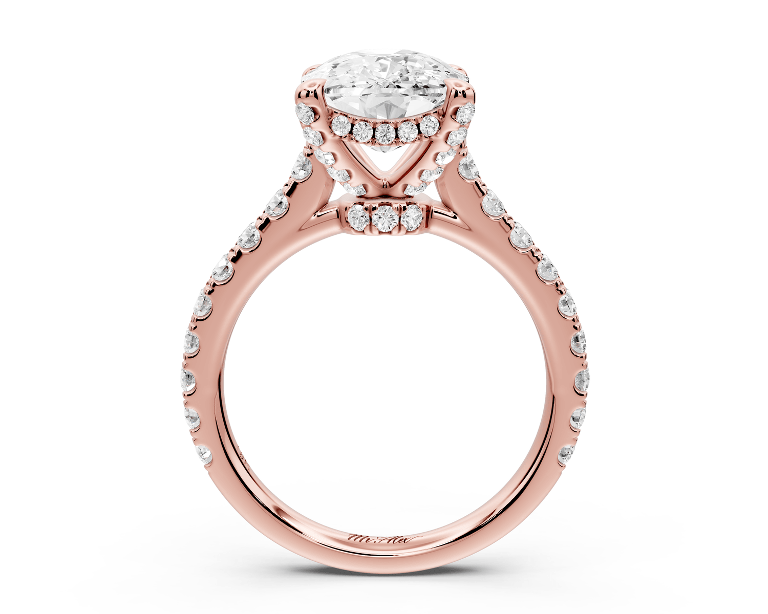 Iris - 4ct 14k rose gold Three stone Elongated Cushion Halo engagement ring - Mr. Alex Jewelry