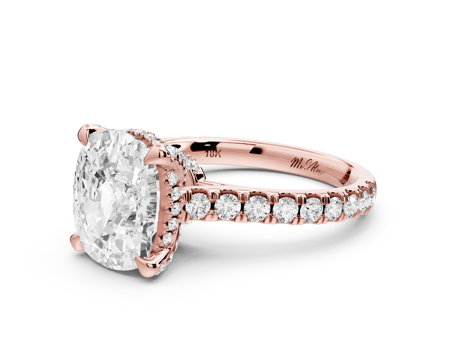 Iris - 4ct 14k rose gold Three stone Elongated Cushion Halo engagement ring - Mr. Alex Jewelry