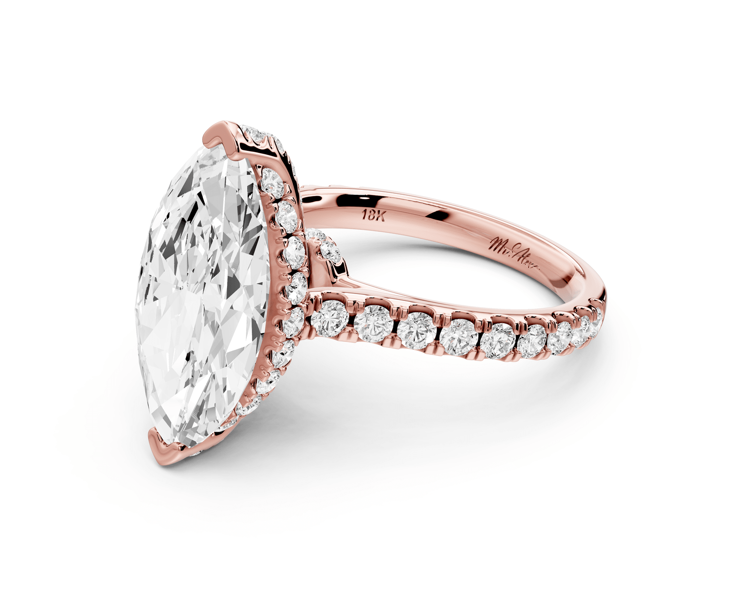 Iris - 4ct 14k rose gold Three stone marquise Halo engagement ring - Mr. Alex Jewelry