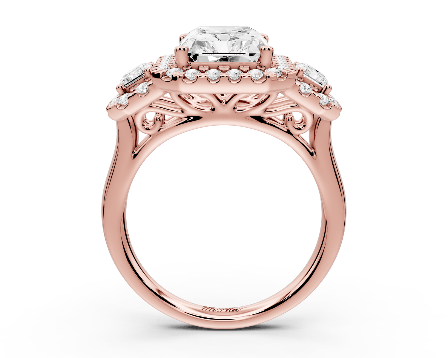 Iris - 4ct 14k rose gold Three stone radiant Halo engagement ring - Mr. Alex Jewelry