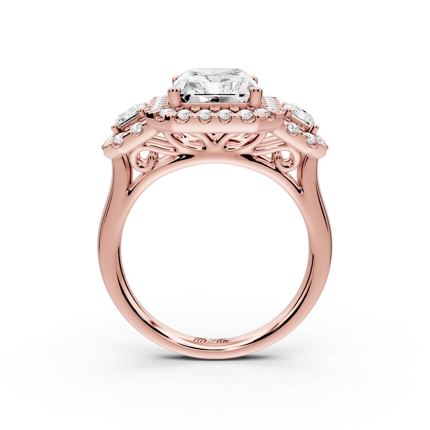 Iris - 4ct 14k rose gold Three stone radiant Halo engagement ring - Mr. Alex Jewelry