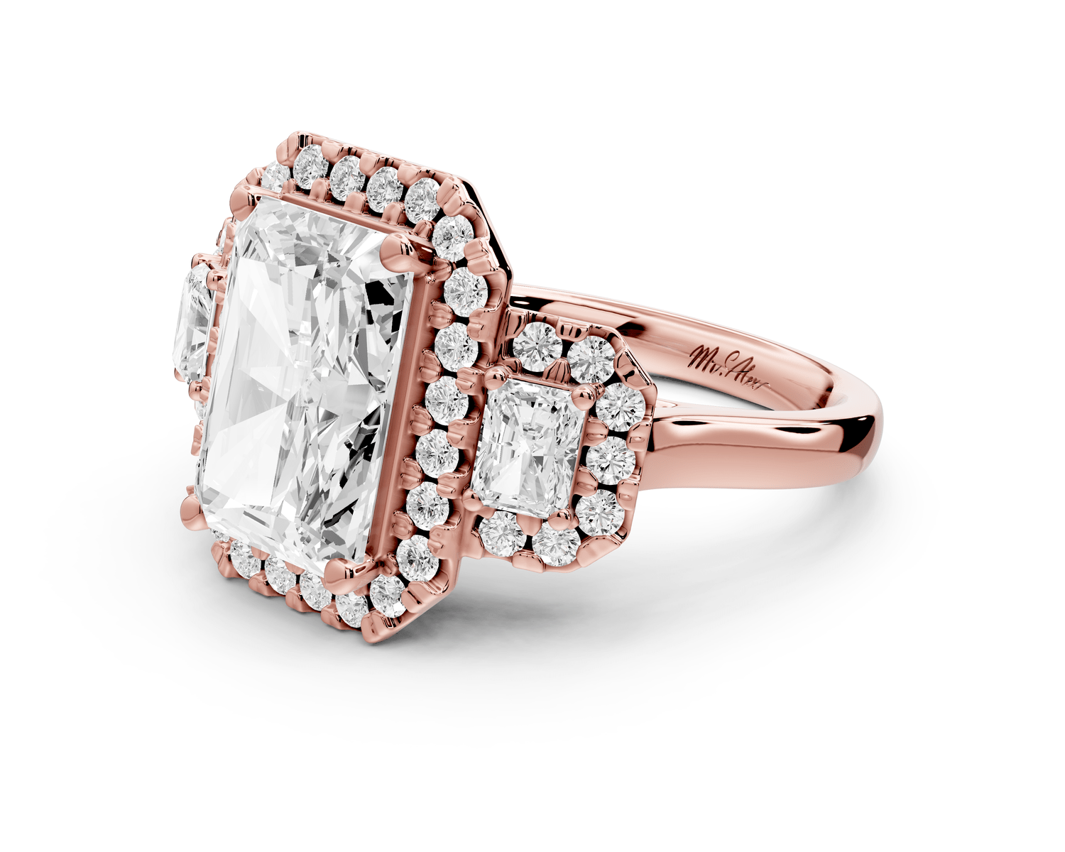 Iris - 4ct 14k rose gold Three stone radiant Halo engagement ring - Mr. Alex Jewelry