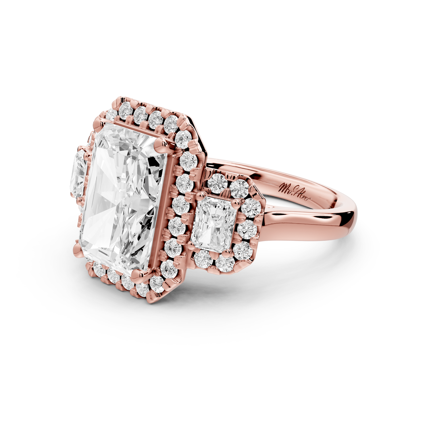 Iris - 4ct 14k rose gold Three stone radiant Halo engagement ring - Mr. Alex Jewelry