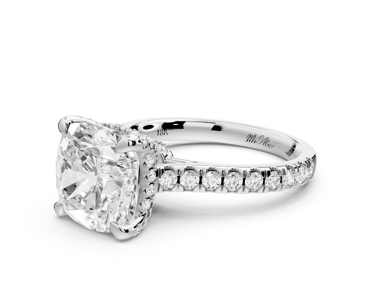 Iris - 4ct 14k white gold Three stone cushion Halo engagement ring - Mr. Alex Jewelry