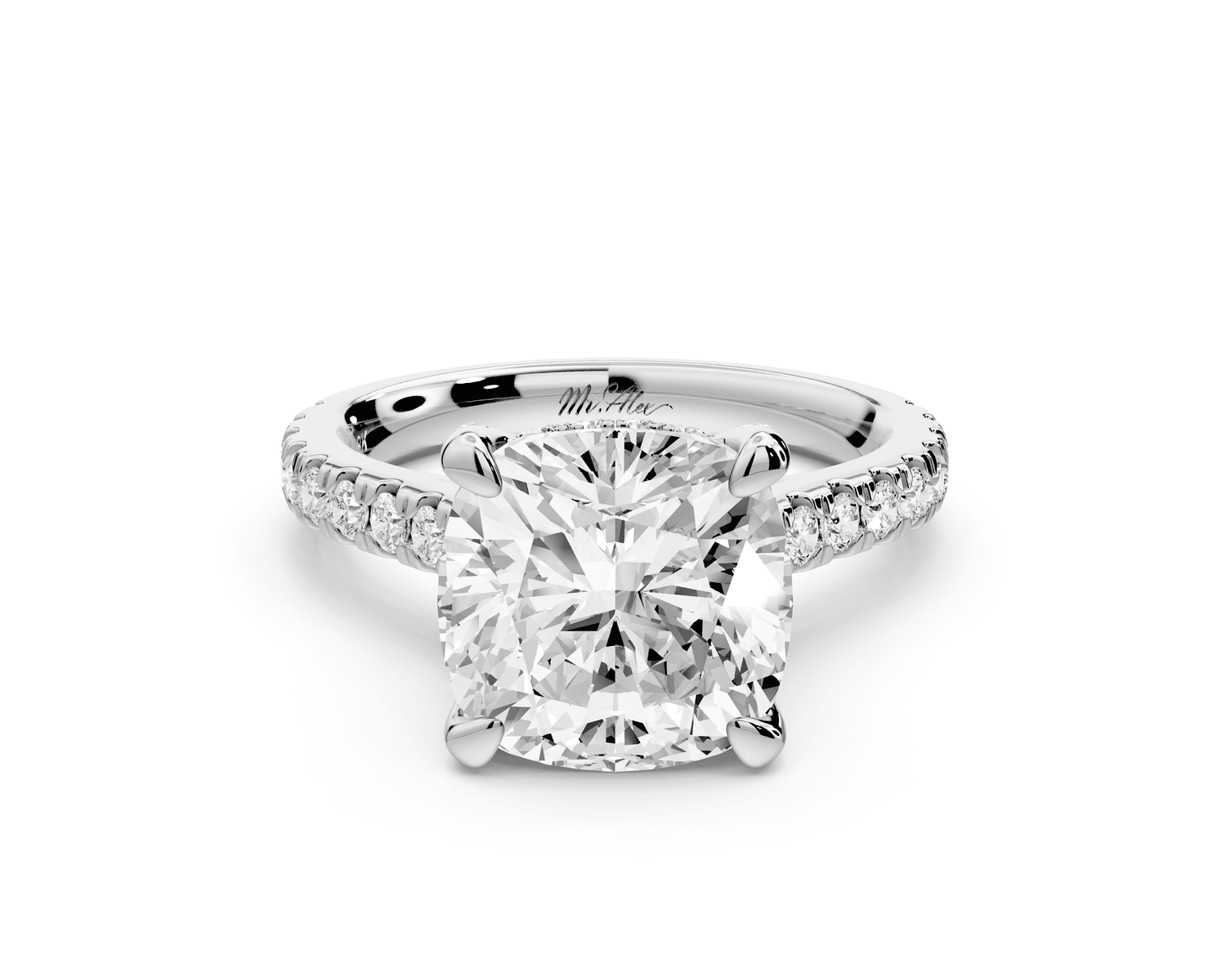 Iris - 4ct 14k white gold Three stone cushion Halo engagement ring - Mr. Alex Jewelry