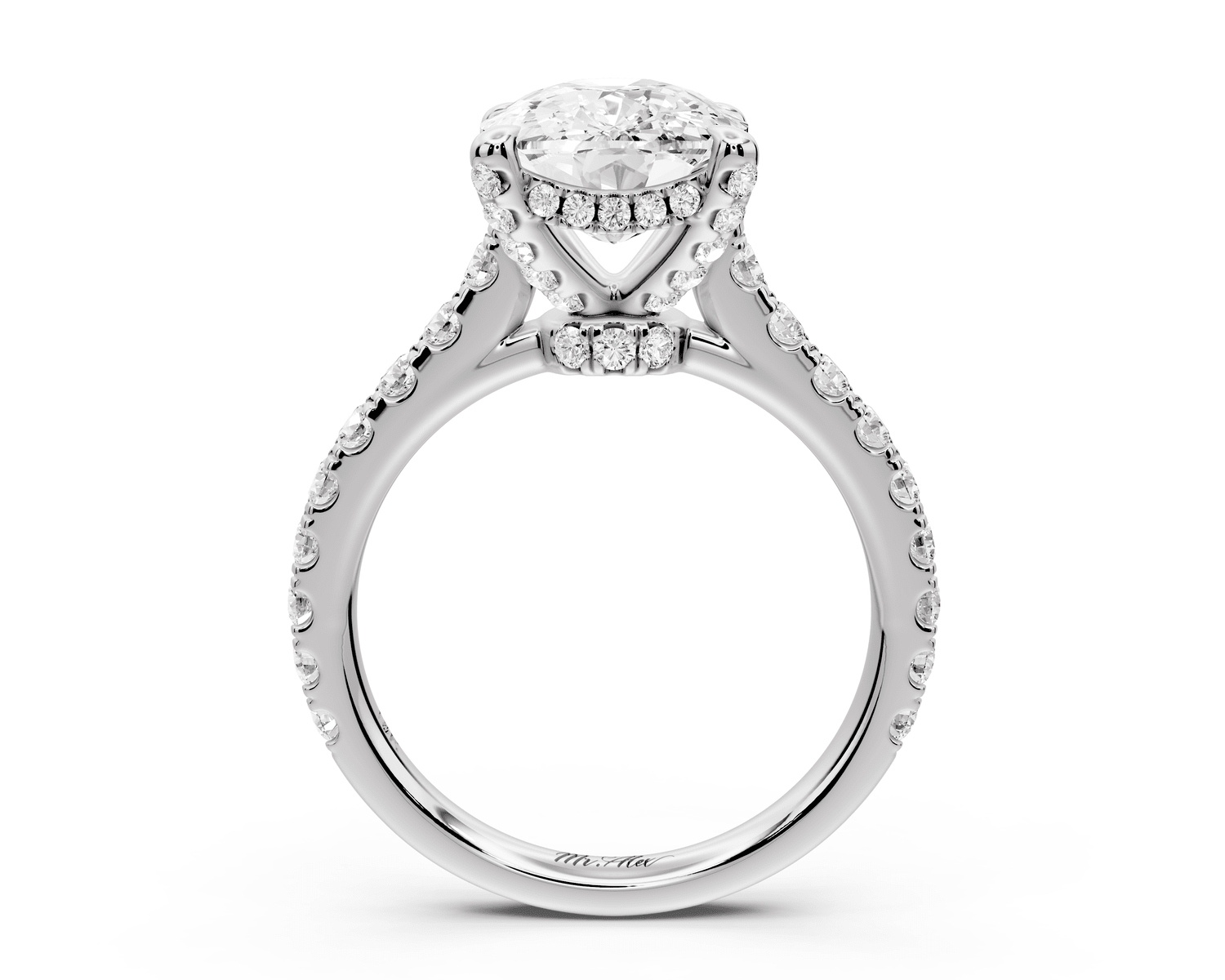 Iris - 4ct 14k white gold Three stone Elongated Cushion Halo engagement ring - Mr. Alex Jewelry