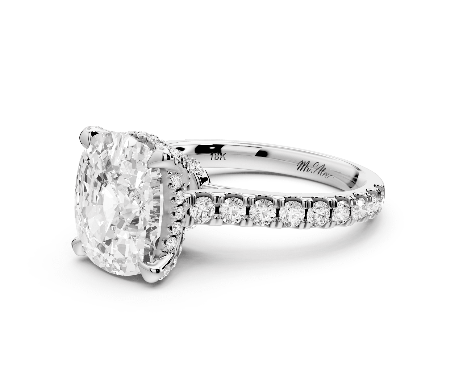 Iris - 4ct 14k white gold Three stone Elongated Cushion Halo engagement ring - Mr. Alex Jewelry