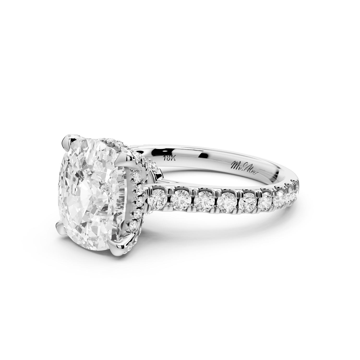 Iris - 4ct 14k white gold Three stone Elongated Cushion Halo engagement ring - Mr. Alex Jewelry