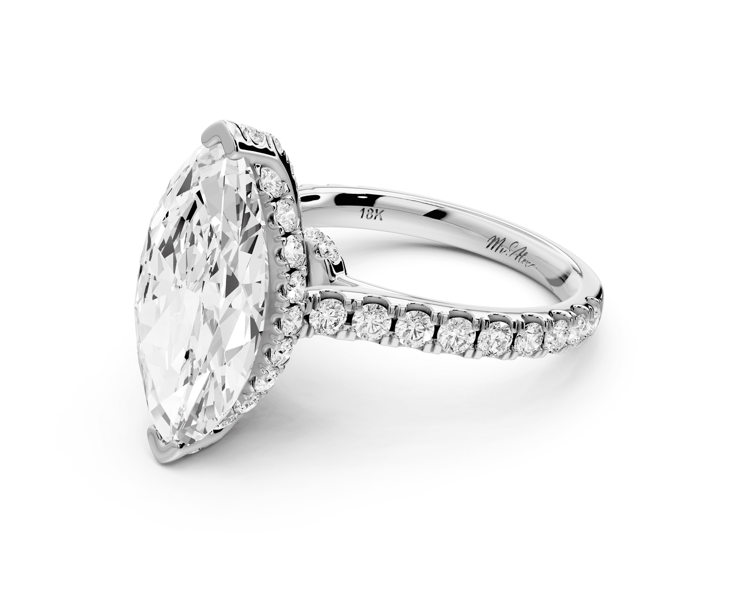 Iris - 4ct 14k white gold Three stone marquise Halo engagement ring - Mr. Alex Jewelry