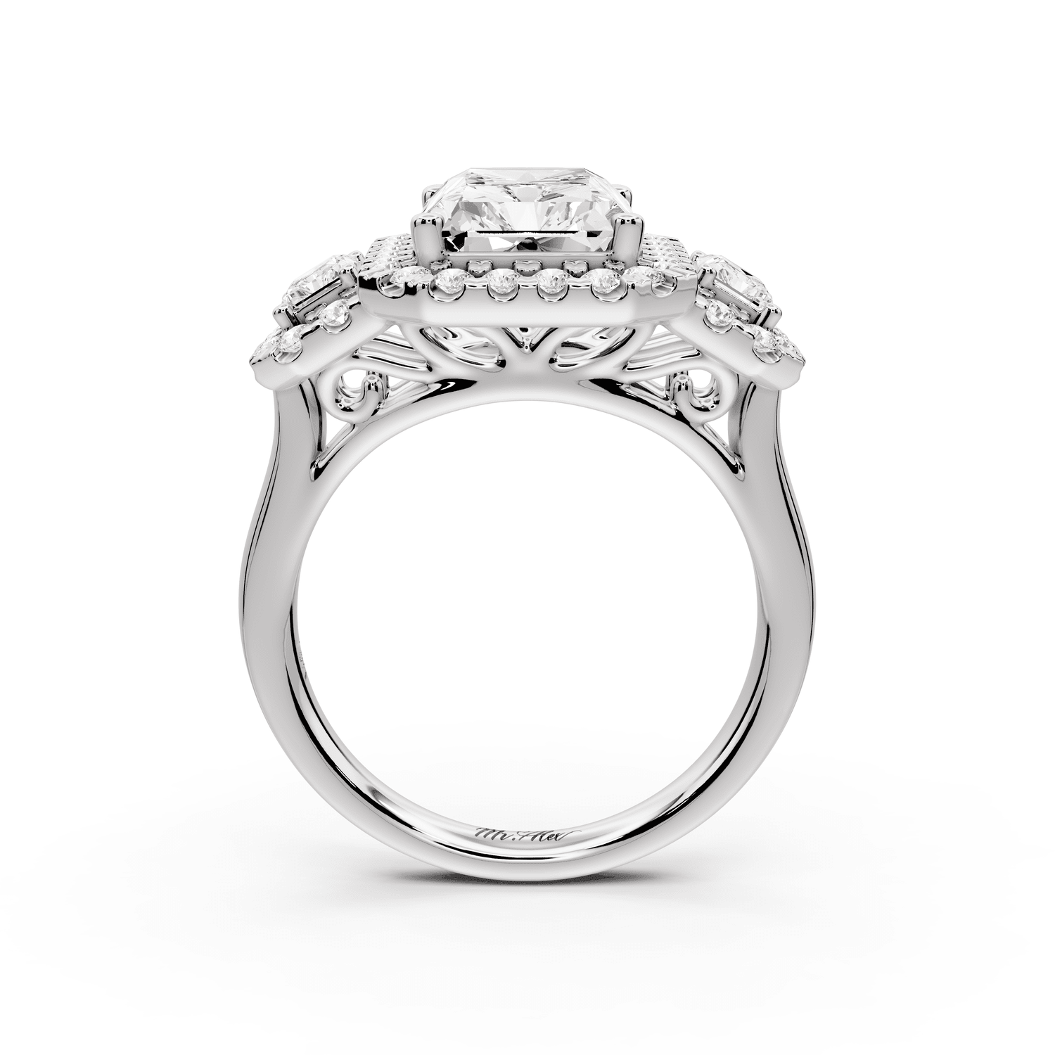 Iris - 4ct 14k white gold Three stone radiant Halo engagement ring - Mr. Alex Jewelry