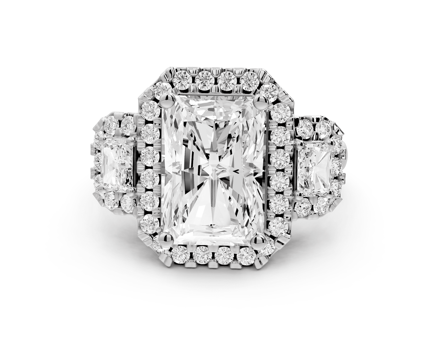 Iris - 4ct 14k white gold Three stone radiant Halo engagement ring - Mr. Alex Jewelry