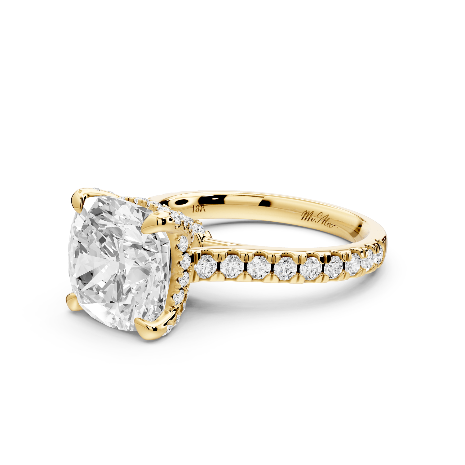 Iris - 4ct 14k yellow gold Three stone cushion Halo engagement ring - Mr. Alex Jewelry