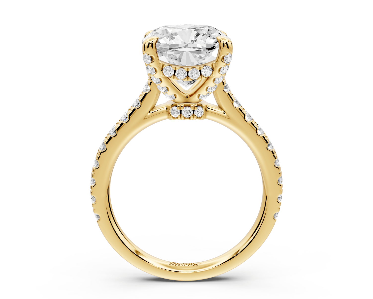 Iris - 4ct 14k yellow gold Three stone cushion Halo engagement ring - Mr. Alex Jewelry