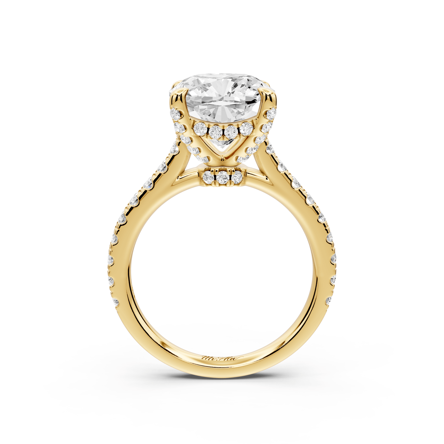 Iris - 4ct 14k yellow gold Three stone cushion Halo engagement ring - Mr. Alex Jewelry