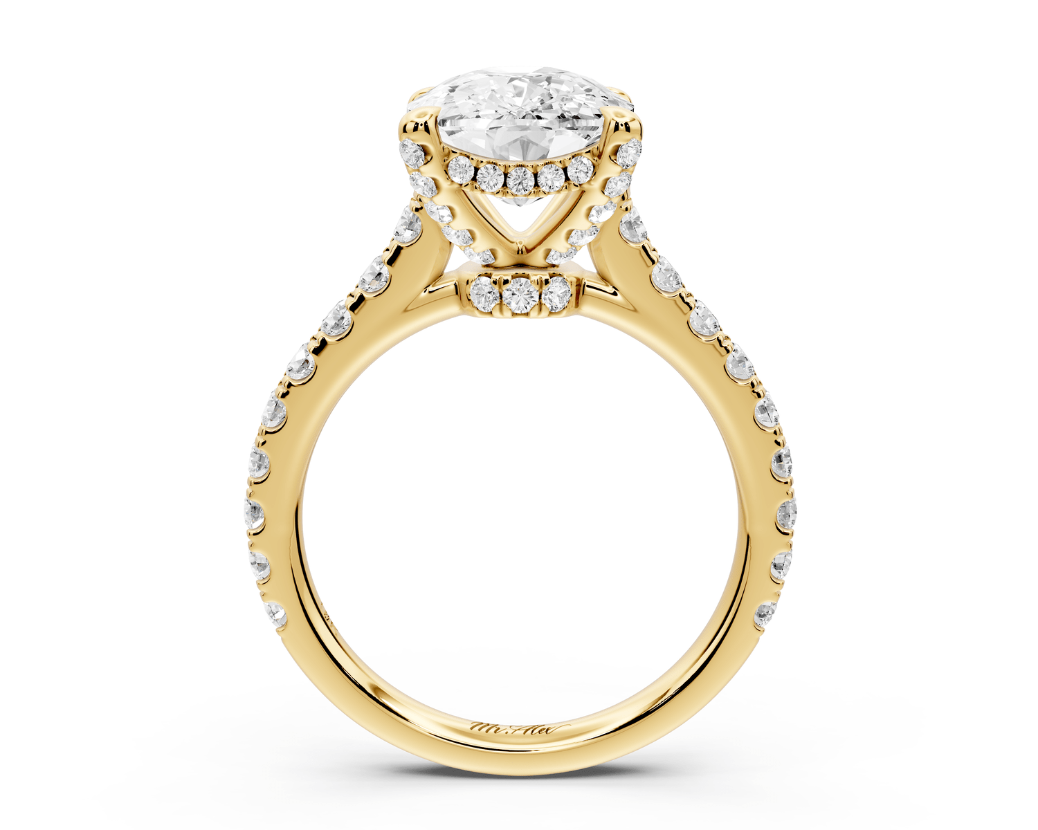 Iris - 4ct 14k yellow gold Three stone Elongated Cushion Halo engagement ring - Mr. Alex Jewelry