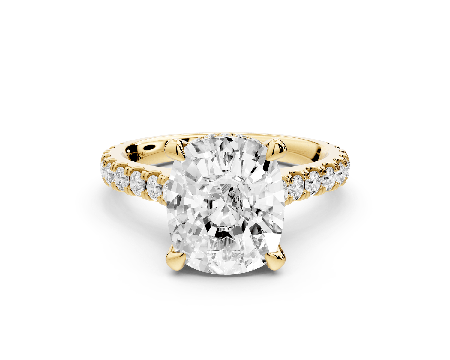 Iris - 4ct 14k yellow gold Three stone Elongated Cushion Halo engagement ring - Mr. Alex Jewelry
