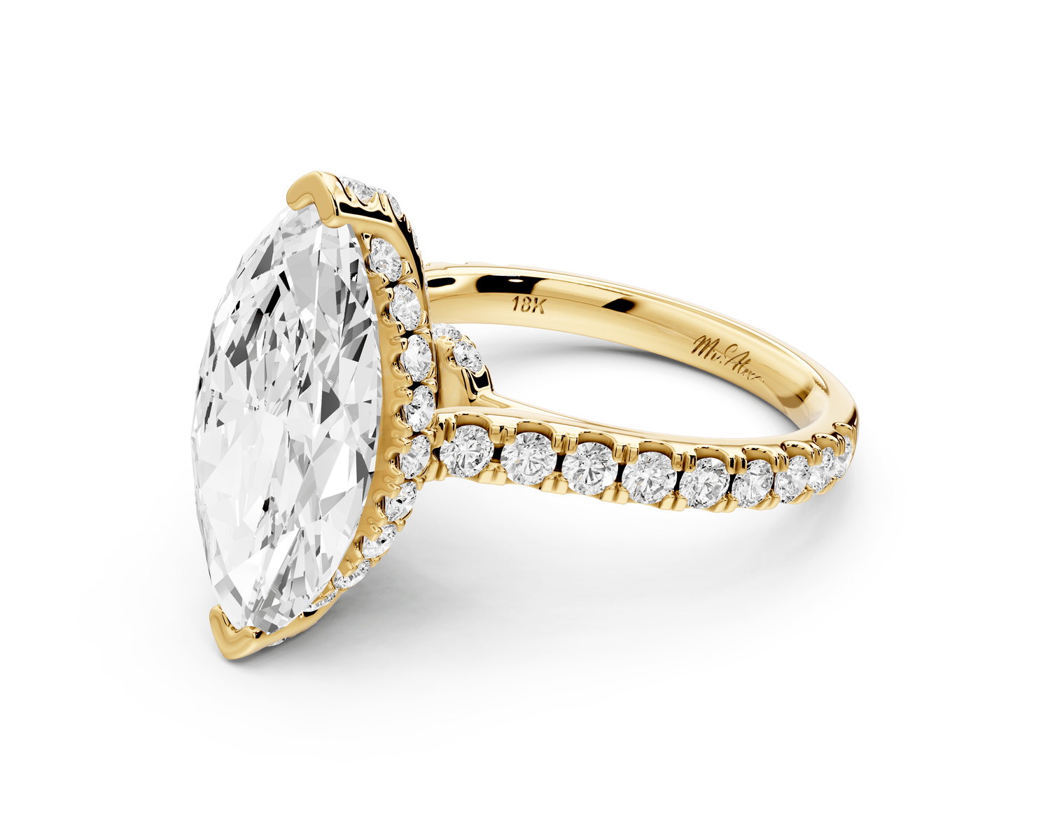 Iris - 4ct 14k yellow gold Three stone marquise Halo engagement ring - Mr. Alex Jewelry