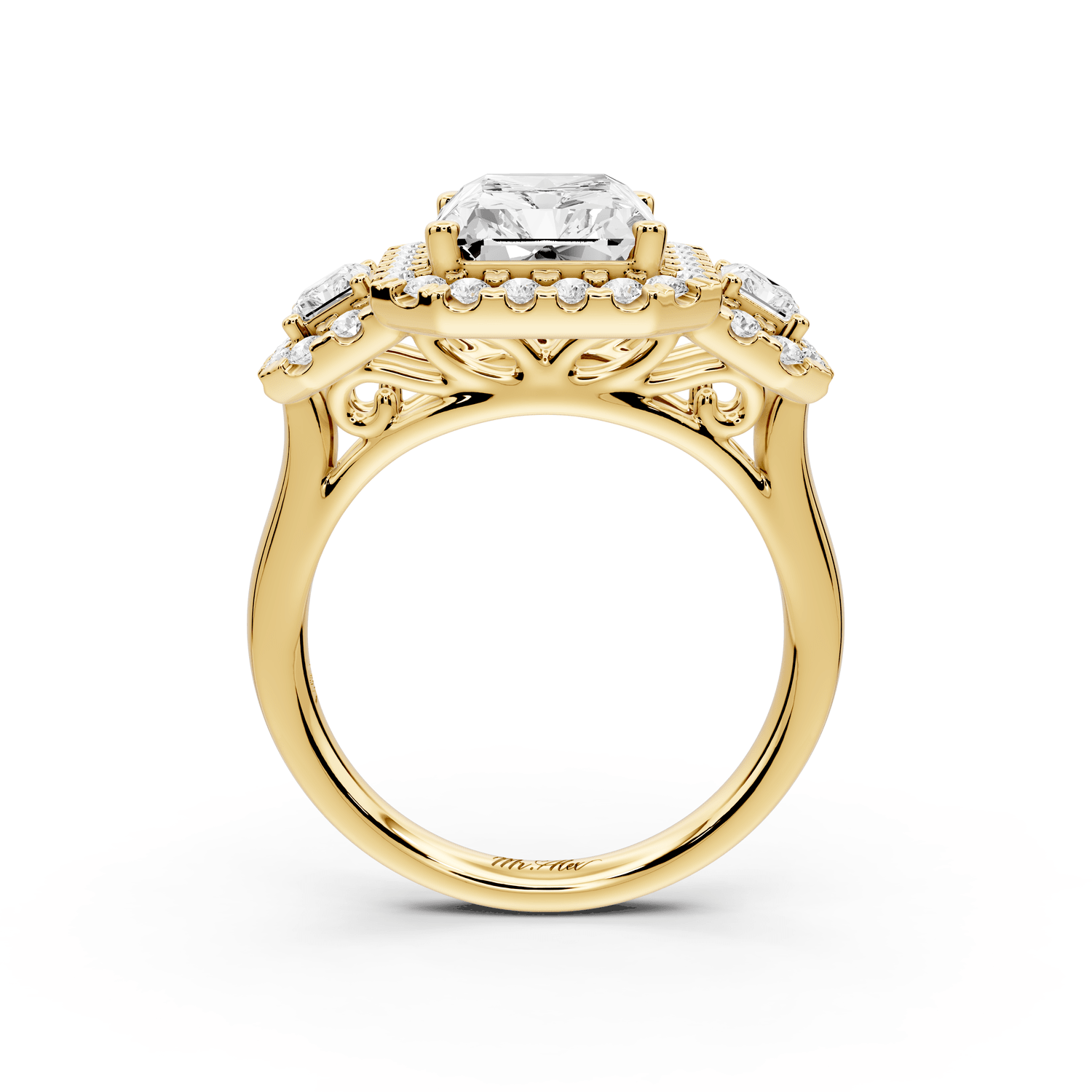Iris - 4ct 14k yellow gold Three stone radiant Halo engagement ring - Mr. Alex Jewelry