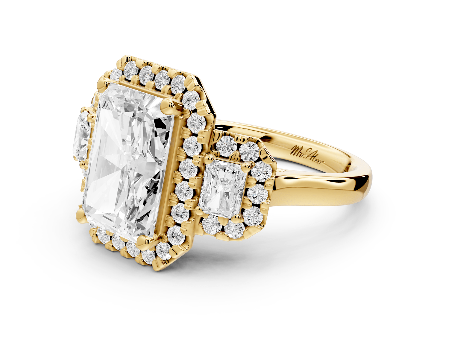 Iris - 4ct 14k yellow gold Three stone radiant Halo engagement ring - Mr. Alex Jewelry