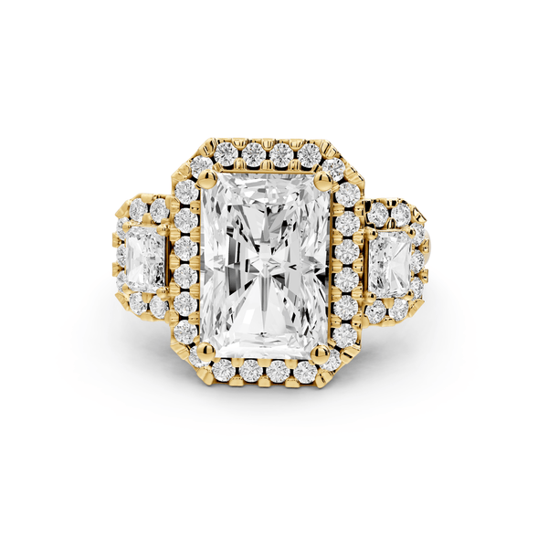 Iris - 4ct 14k yellow gold Three stone radiant Halo engagement ring - Mr. Alex Jewelry