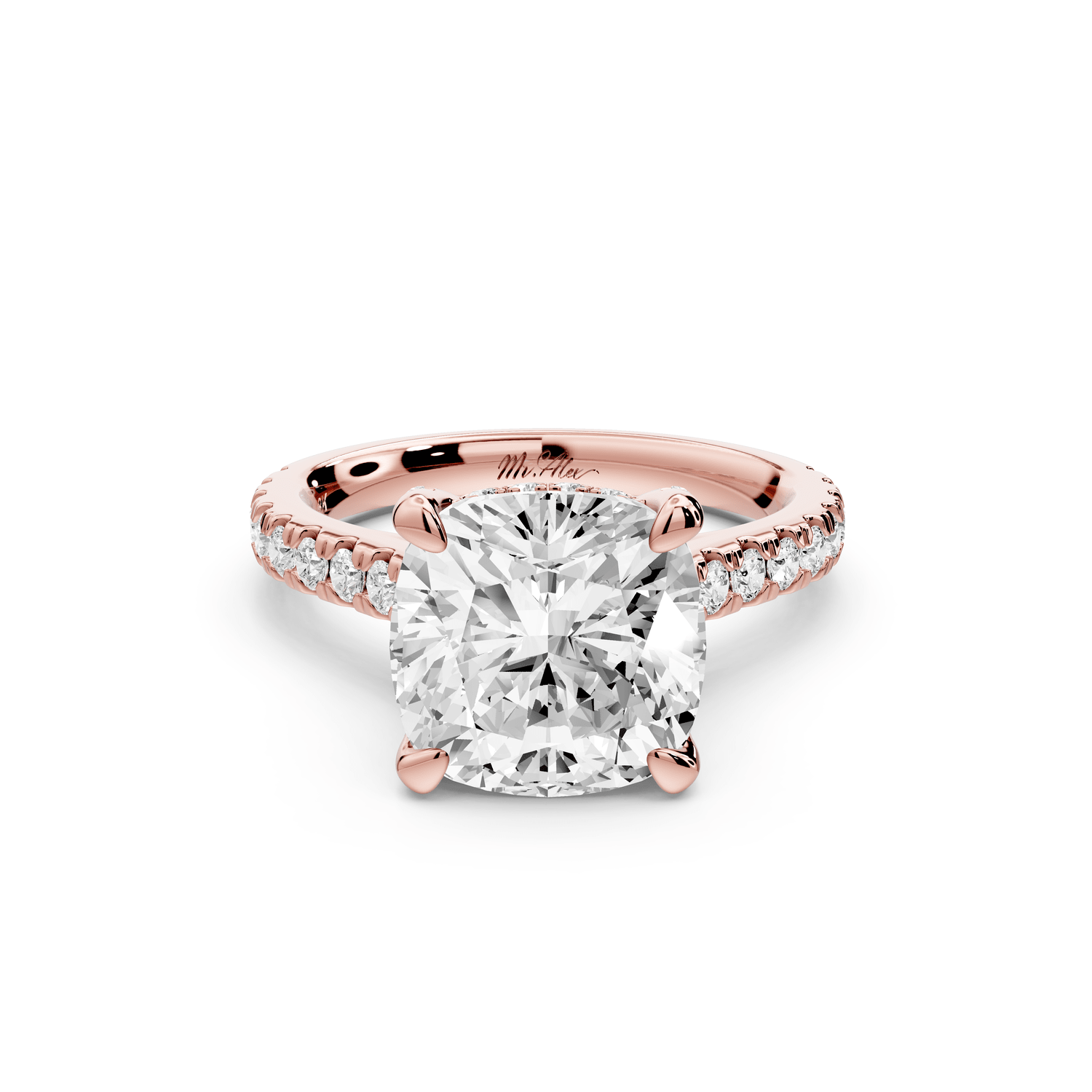 Iris - 4ct 18k rose gold Three stone cushion Halo engagement ring - Mr. Alex Jewelry