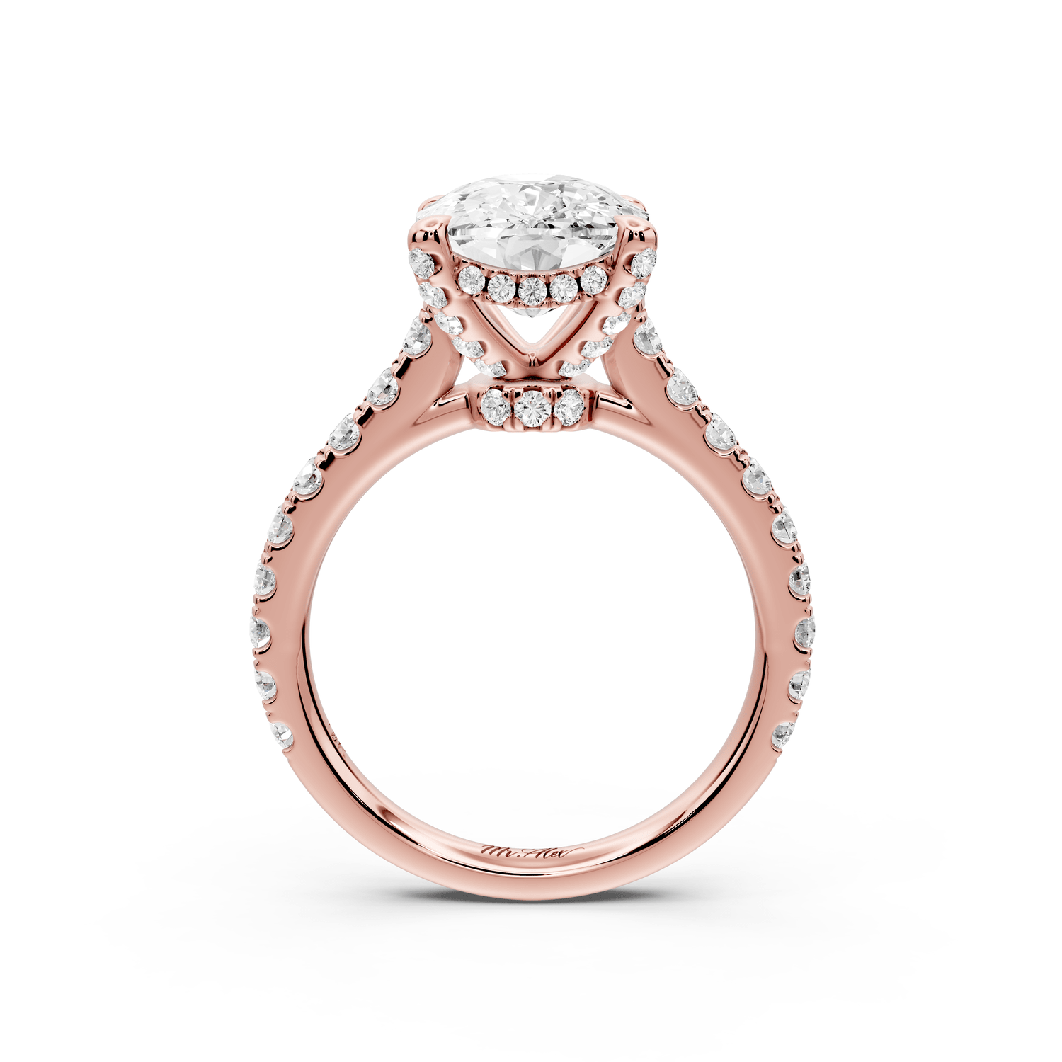 Iris - 4ct 18k rose gold Three stone Elongated Cushion Halo engagement ring - Mr. Alex Jewelry