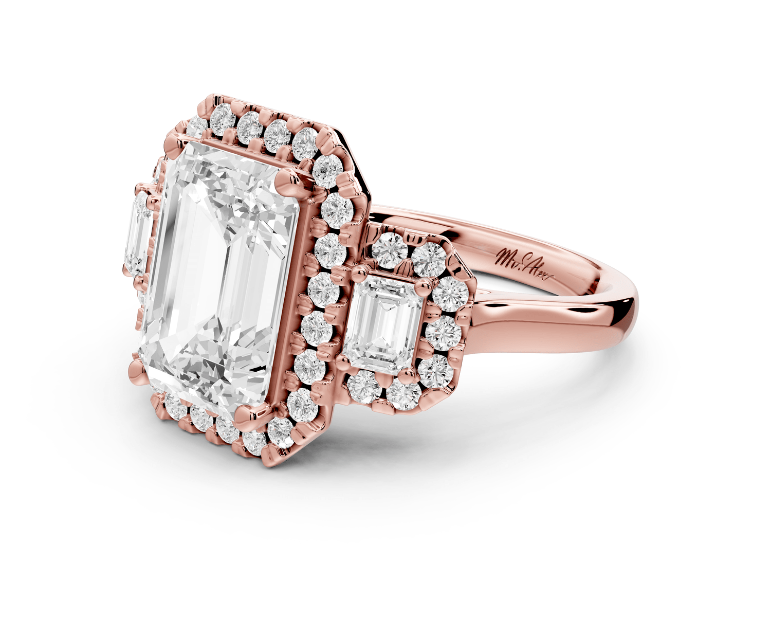 Iris - 4ct 18k rose gold Three stone emerald Halo engagement ring - Mr. Alex Jewelry
